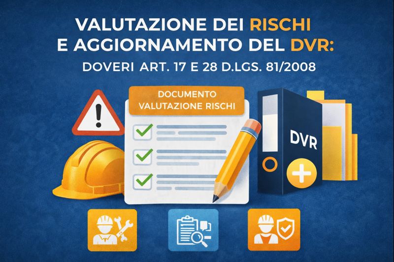 Infografica sulla valutazione dei rischi e aggiornamento del DVR: checklist del Documento di Valutazione dei Rischi, dispositivi di sicurezza e riferimenti agli articoli 17 e 28 del D.Lgs. 81/2008.
