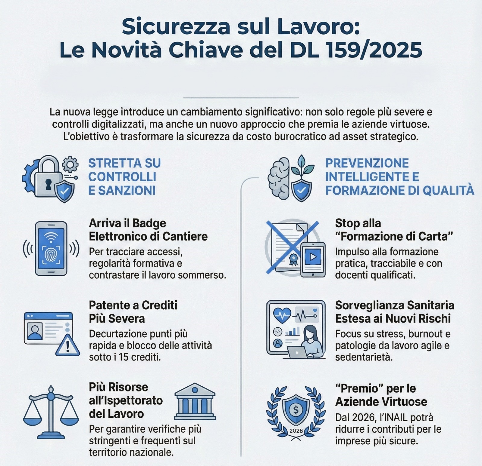 Infografica sulle novità del Decreto Sicurezza Lavoro 2025 (DL 159/2025): badge elettronico di cantiere, patente a crediti più severa, controlli ispettivi rafforzati, formazione di qualità e sorveglianza sanitaria estesa.