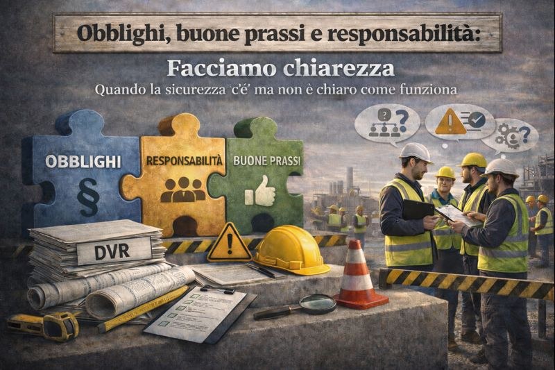 Illustrazione sulla sicurezza sul lavoro con puzzle “Obblighi”, “Responsabilità” e “Buone prassi” e lavoratori che discutono procedure in cantiere.
