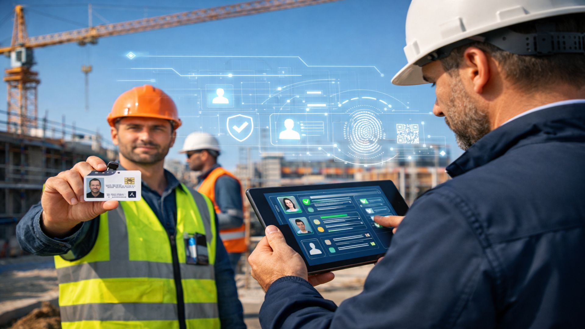 badge-cantiere-patente-crediti-dl-159-2025 Operatore in cantiere mostra il badge di riconoscimento mentre un tecnico verifica i dati su tablet digitale, simbolo della tracciabilità introdotta dal D.L. 159/2025 sicurezza sul lavoro.