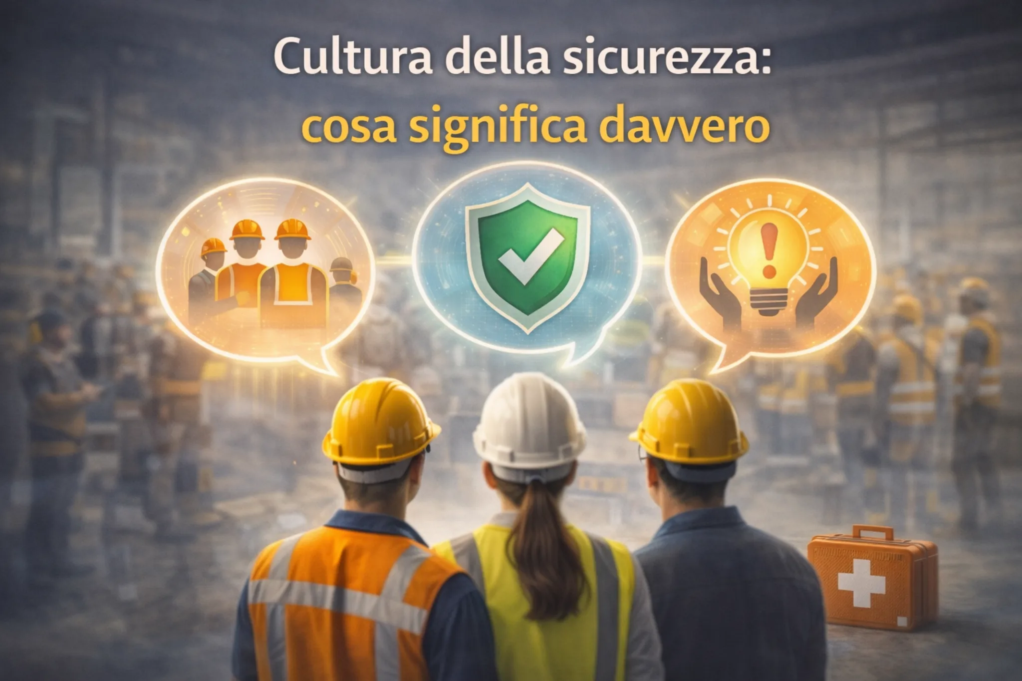 Cultura della sicurezza sul lavoro: lavoratori osservano simboli di protezione, responsabilità e consapevolezza, a rappresentare i comportamenti organizzativi e le decisioni quotidiane.