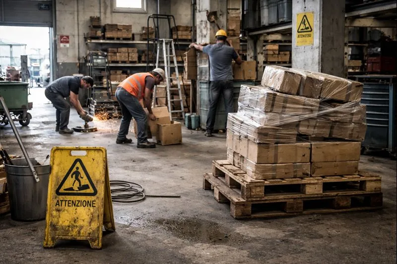 Ambiente di lavoro industriale apparentemente ordinario con segnali di rischio latente: carichi instabili, posture scorrette e segnaletica ignorata.