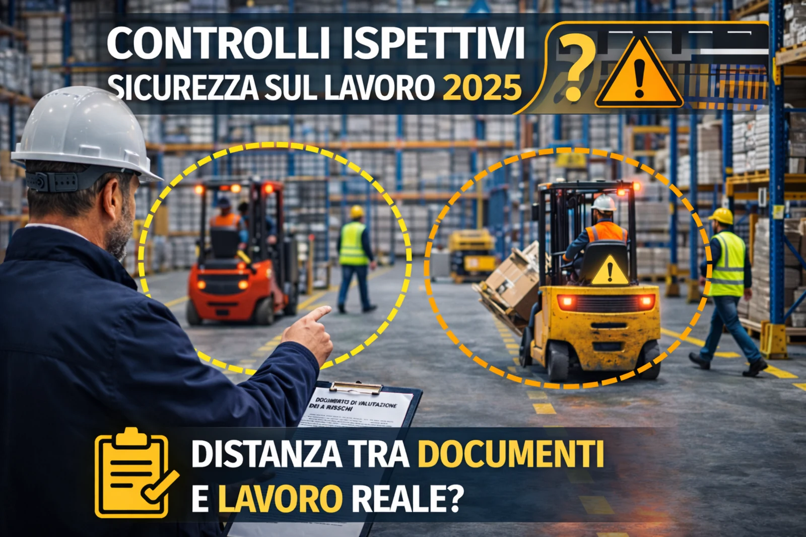 Controllo ispettivo sulla sicurezza sul lavoro in un magazzino logistico con carrelli elevatori e lavoratori a piedi per verificare la separazione tra mezzi e pedoni.