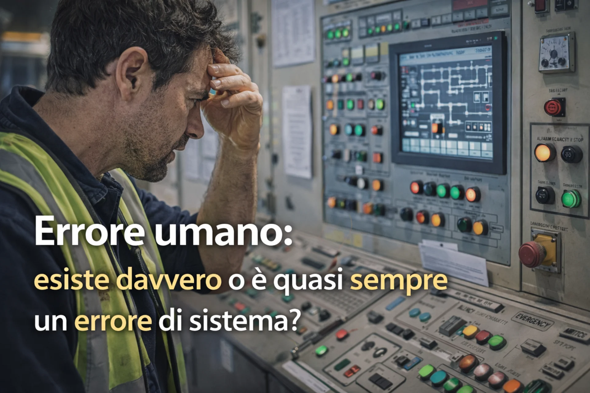 Errore umano sul lavoro: operatore in difficoltà davanti a un pannello di controllo, esempio di errore legato a criticità del sistema organizzativo.