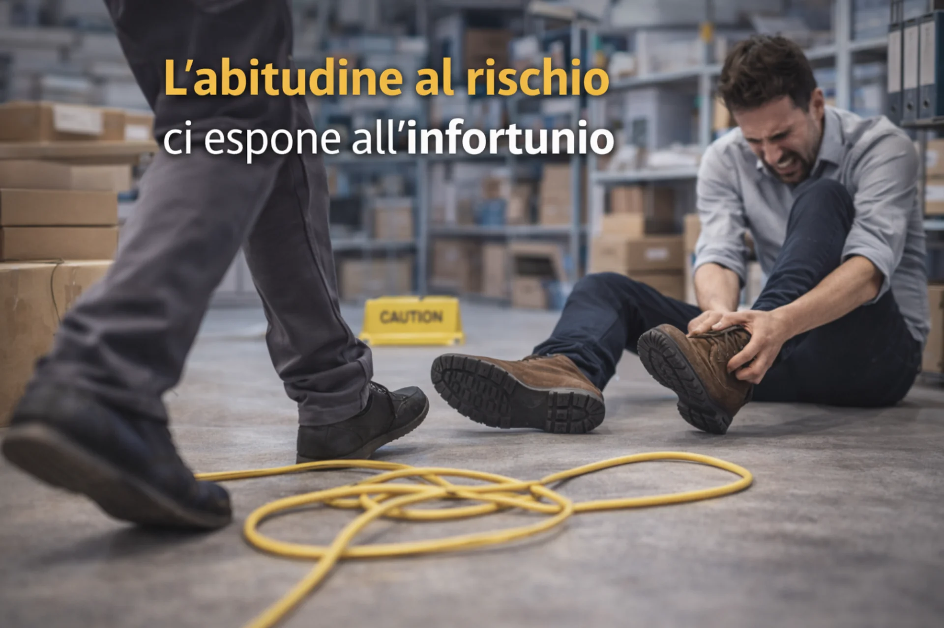 infortunio-abitudine-rischio Infortuni sul lavoro causati da abitudine al rischio: lavoratore inciampa su cavo a terra in ambiente di magazzino.