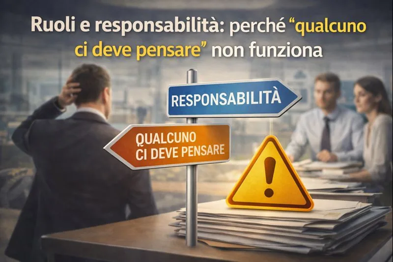 formazione, ruoli e responsabilità nella sicurezza sul lavoro: il confronto tra la scelta della responsabilità chiara e la logica del ‘qualcuno ci deve pensare’, con segnale di rischio in ambito organizzativo.