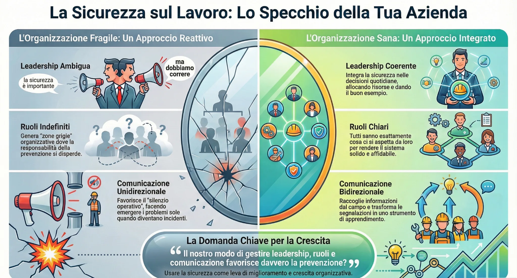 sicurezza-specchio-azienda-ottimizzata La sicurezza sul lavoro come specchio della salute organizzativa: confronto tra organizzazione fragile e organizzazione sana attraverso leadership, ruoli e responsabilità e comunicazione.