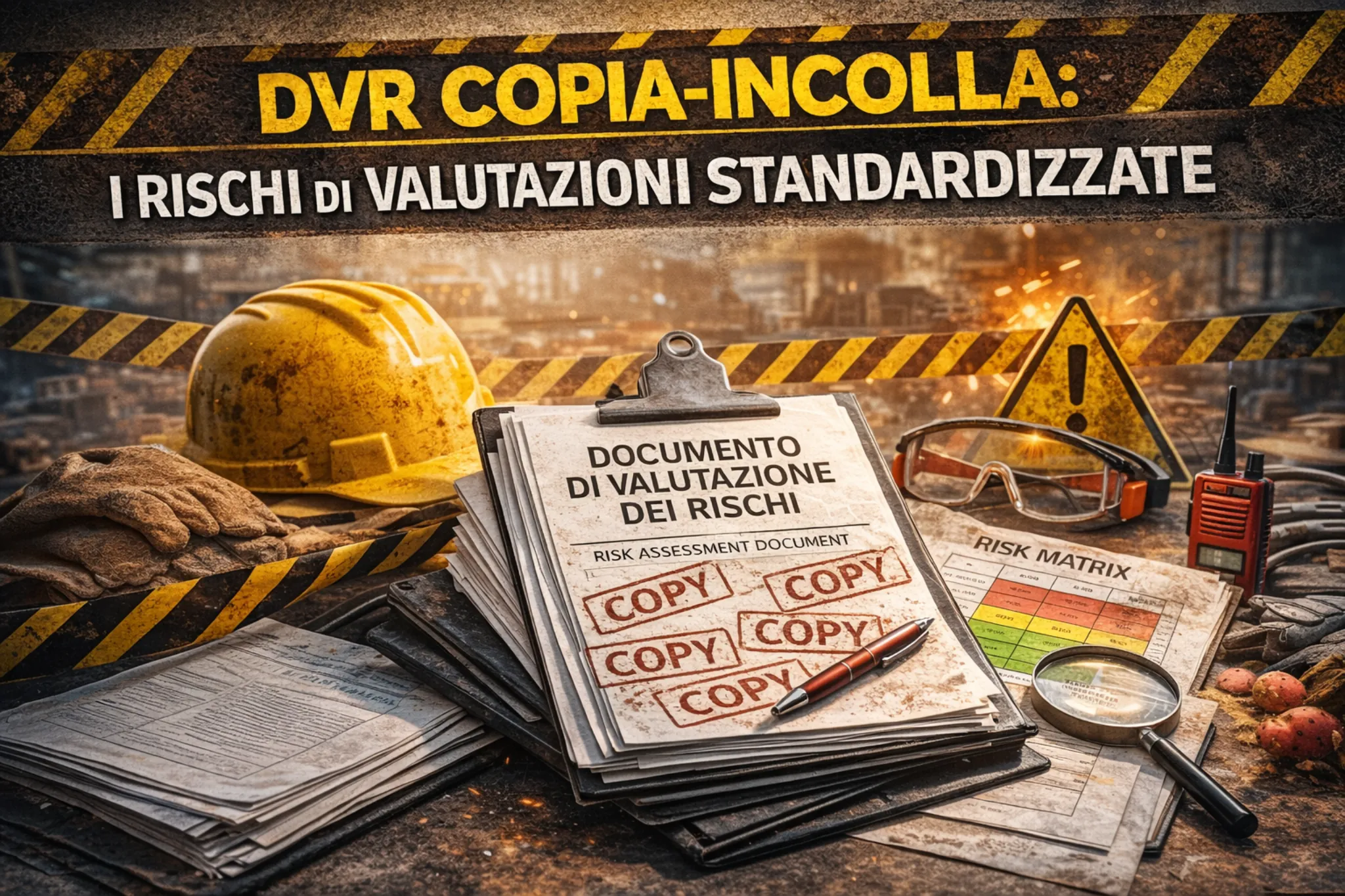 Documento di valutazione dei rischi standardizzato con scritta copia, esempio dei rischi di un DVR non personalizzato rispetto alla realtà lavorativa