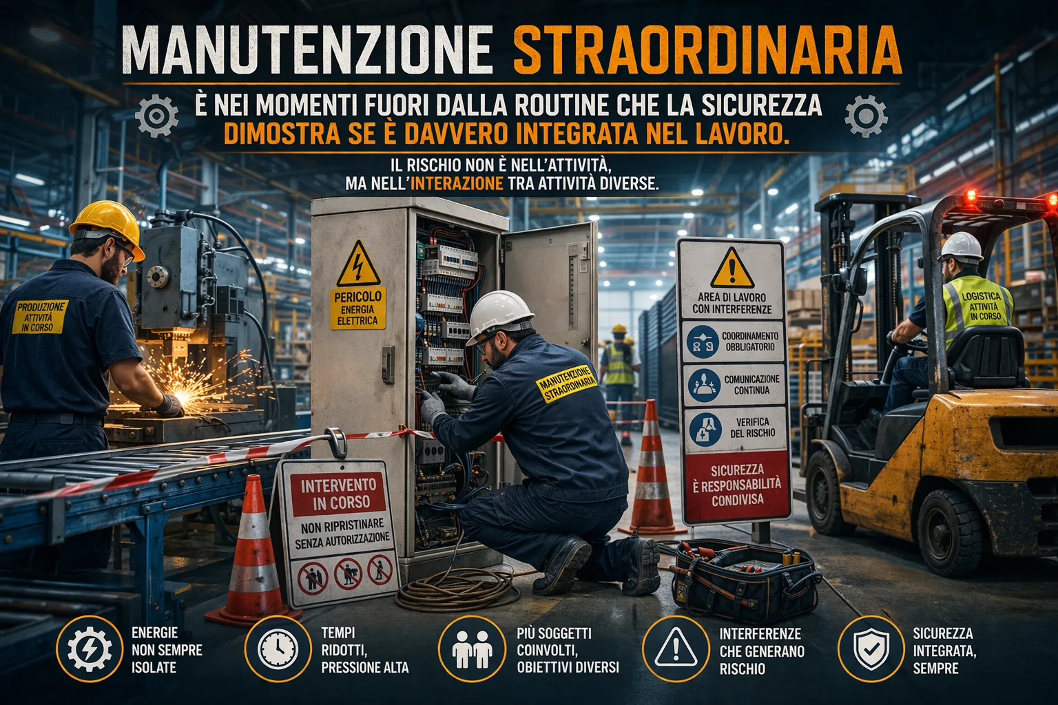Tecnico che lavora su quadro elettrico durante manutenzione straordinaria mentre altre attività sono in corso nello stesso ambiente, con rischio di interferenze tra lavorazioni e aumento del rischio complessivo