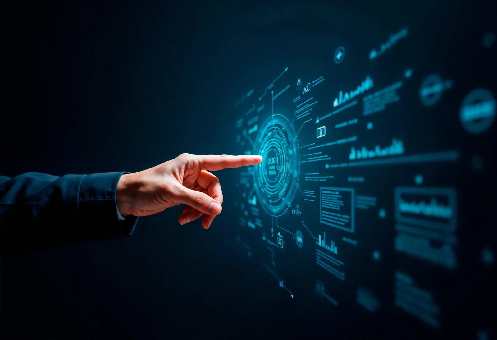 digitalizzazione-sicurezza-lavoro Mano che interagisce con interfaccia digitale e dati in tempo reale, rappresentazione della digitalizzazione dei processi e dei nuovi rischi tecnologici nel lavoro