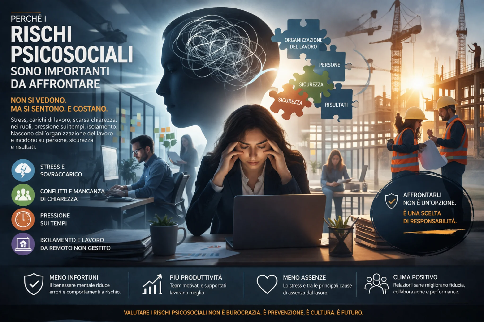 rischi-psicosociali Rischi psicosociali sul lavoro: stress, carichi e organizzazione inefficace tra ufficio e cantiere con impatto su sicurezza, errori e benessere dei lavoratori