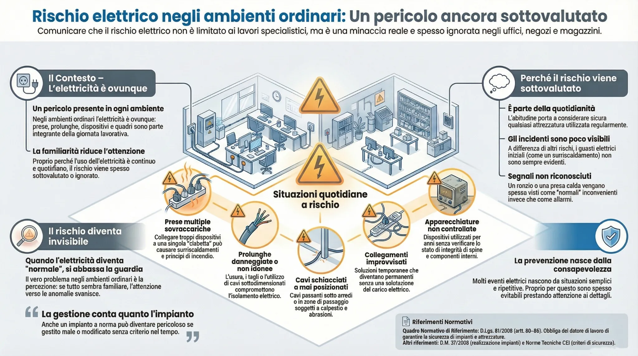 Infografica sul rischio elettrico negli ambienti ordinari come uffici, negozi e magazzini con esempi di prese sovraccariche, cavi danneggiati e collegamenti improvvisati