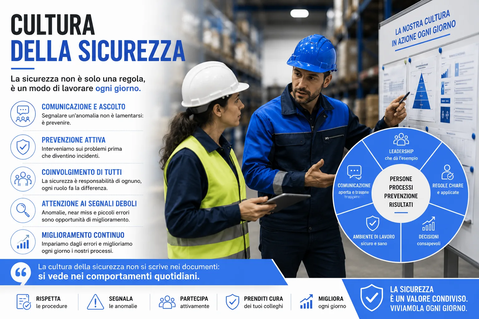 Cultura della sicurezza e maturità organizzativa in azienda Riunione operativa sulla cultura della sicurezza in magazzino con lavoratori e preposto che analizzano prevenzione, comunicazione interna e comportamenti sicuri utilizzando grafici e indicatori organizzativi.