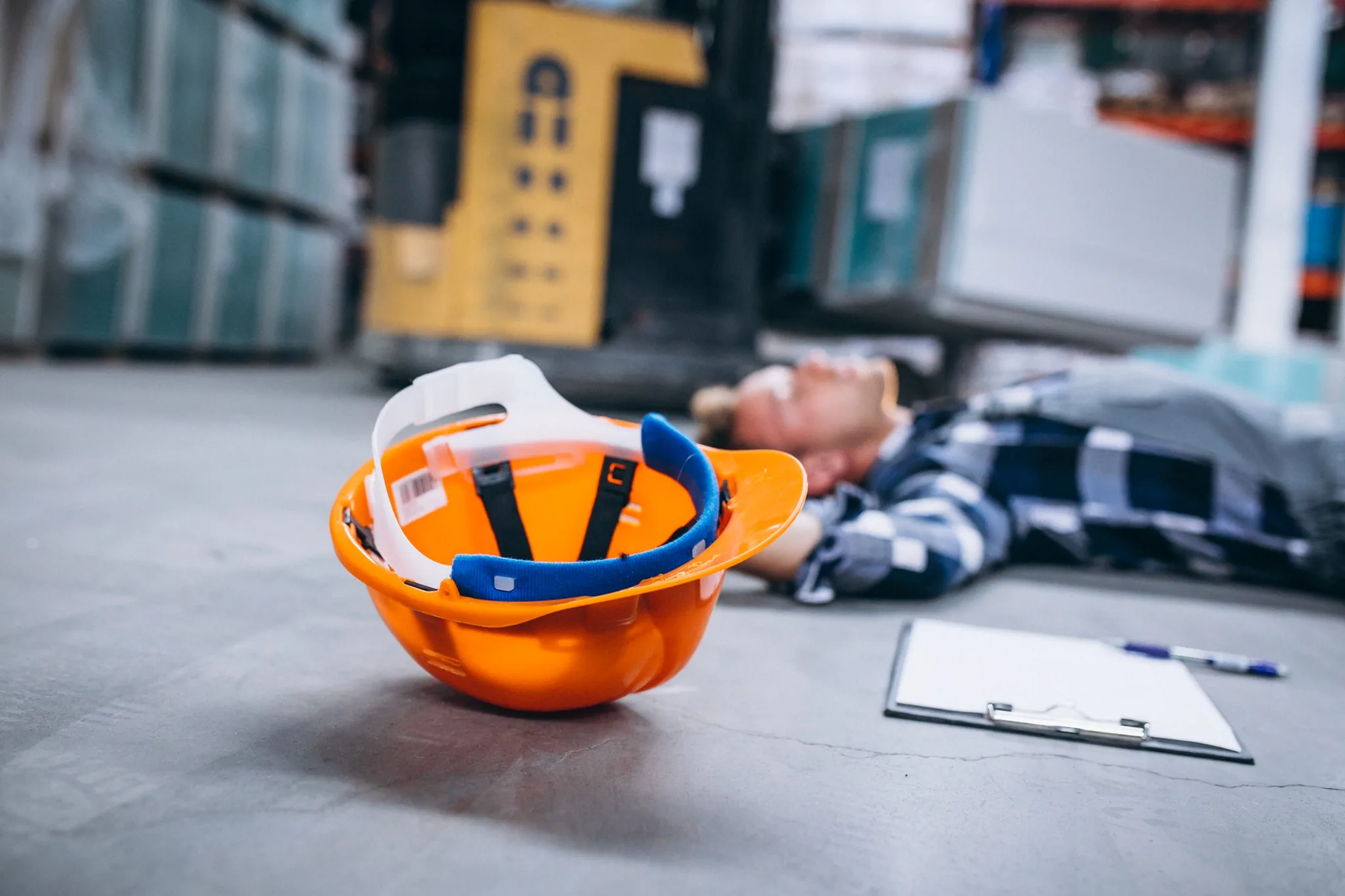 Casco di sicurezza in primo piano in un magazzino industriale con lavoratore infortunato sullo sfondo vicino a un carrello elevatore, immagine che rappresenta il rischio legato a incidenti ripetitivi e near miss sottovalutati.