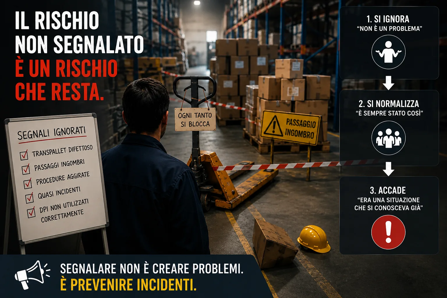 Lavoratore in magazzino osserva situazioni di rischio non segnalate come transpallet difettoso, passaggi ingombri e near miss, evidenziando il problema della mancata comunicazione interna dei rischi sul lavoro.