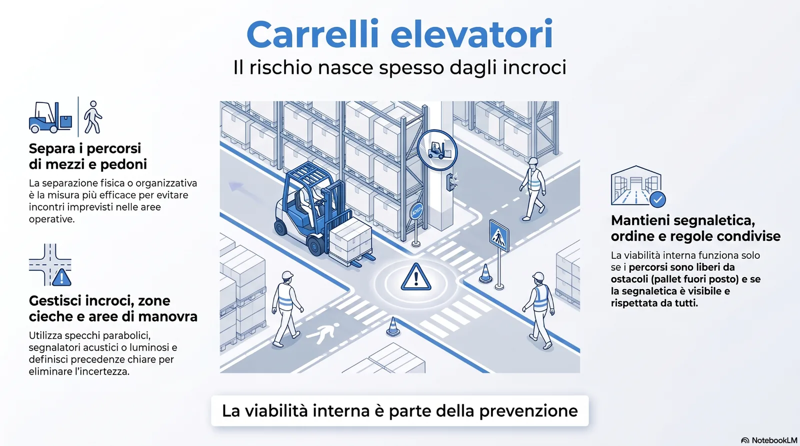 carrelli_elevatori_viabilita_magazzino Infografica sulla sicurezza dei carrelli elevatori in magazzino, con focus su separazione dei percorsi, gestione degli incroci, aree di manovra, segnaletica e viabilità interna.