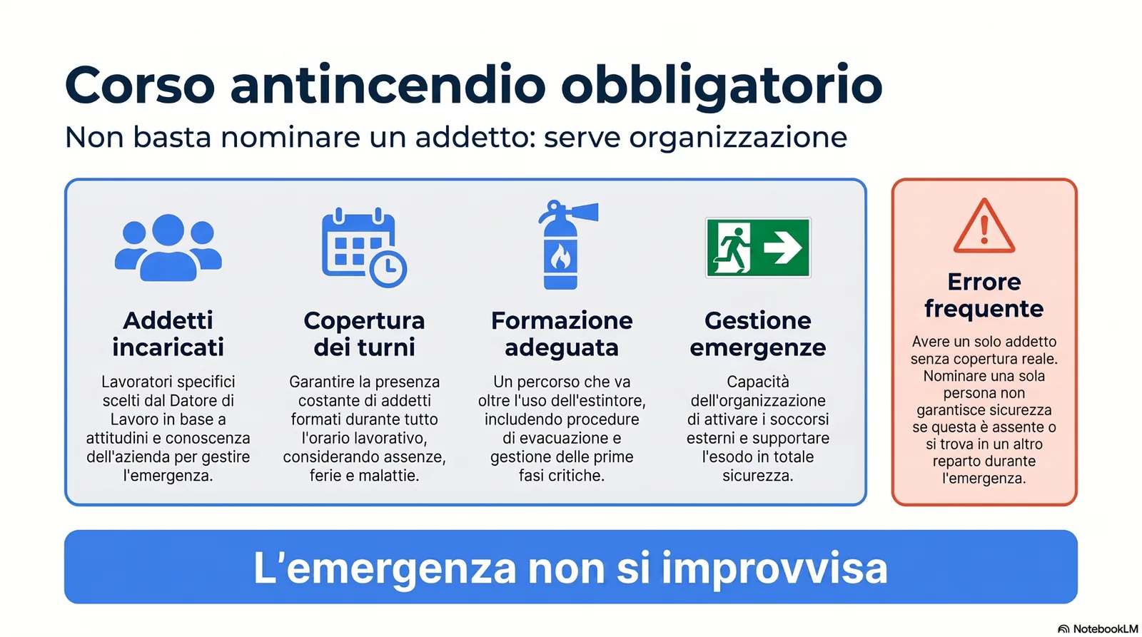 Infografica sul corso antincendio obbligatorio e sull’organizzazione della gestione emergenze, con focus su addetti incaricati, copertura dei turni, formazione adeguata e procedure di sicurezza.