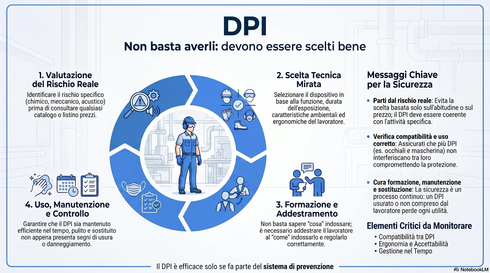 Infografica sulla scelta corretta dei DPI nella sicurezza sul lavoro, con focus su valutazione del rischio reale, scelta tecnica mirata, formazione, addestramento, manutenzione e controllo dei dispositivi.