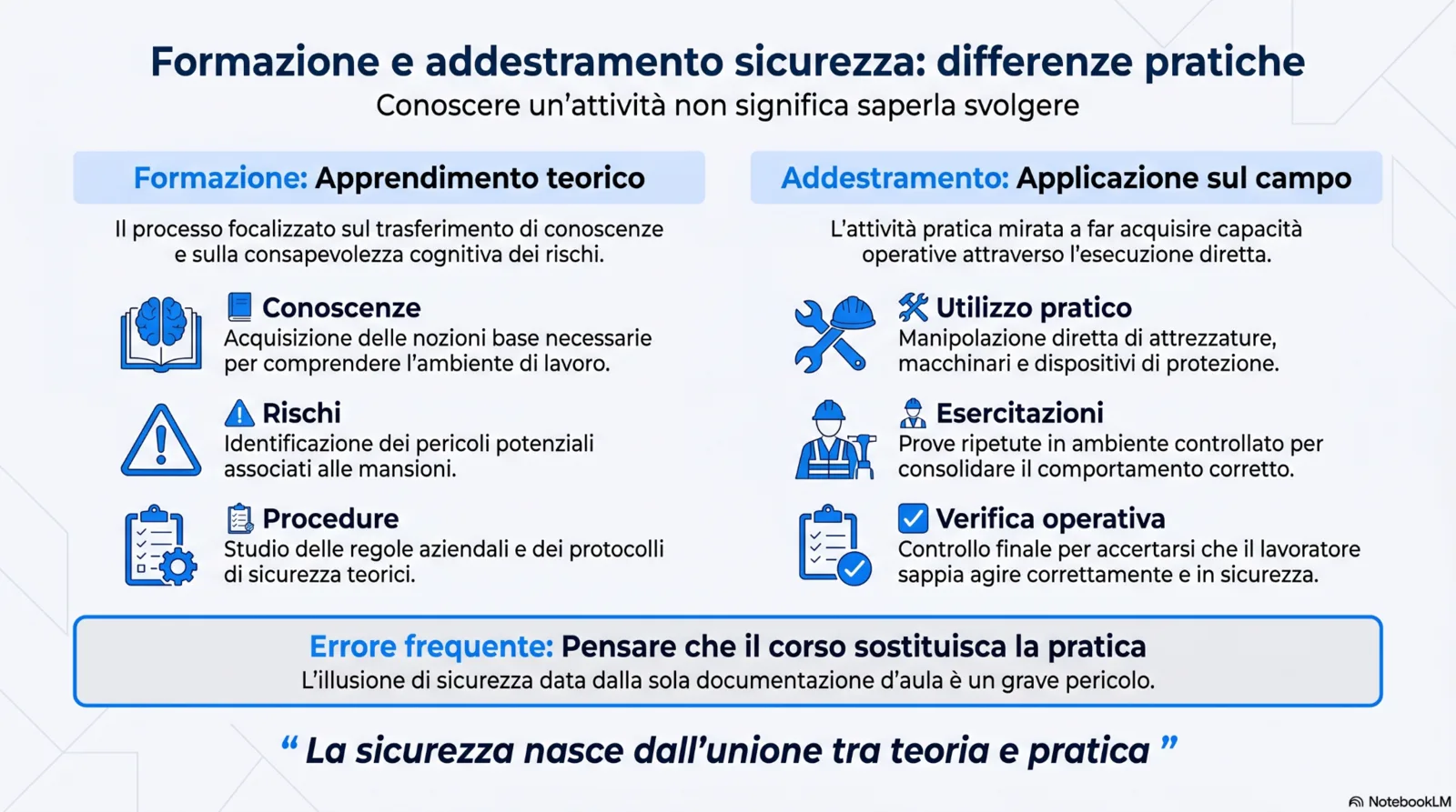 Infografica sulle differenze tra formazione e addestramento nella sicurezza sul lavoro, con confronto tra apprendimento teorico, applicazione pratica, esercitazioni e verifica operativa.