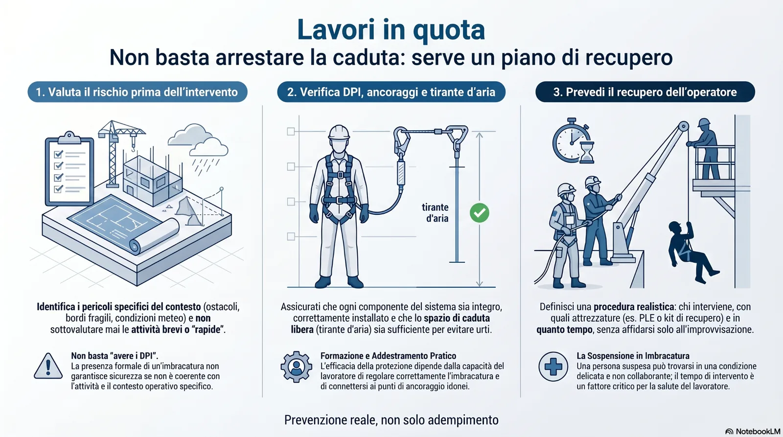 lavori_in_quota_piano_recupero Infografica sui lavori in quota e sul piano di recupero dell’operatore, con valutazione del rischio, verifica di DPI, ancoraggi, tirante d’aria e procedura di emergenza in caso di caduta.