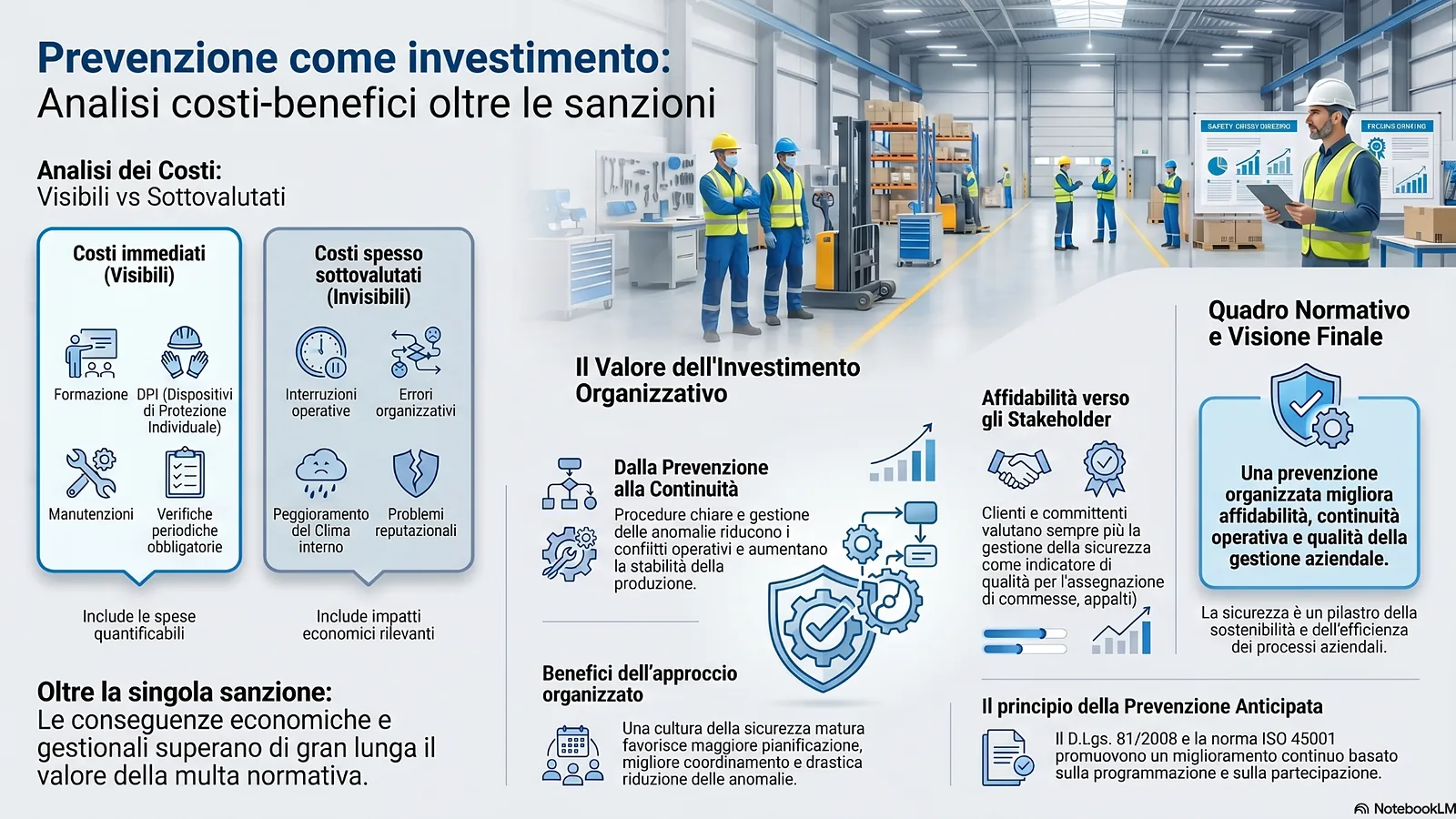 prevenzione_come_investimento_costi_benefici Infografica sulla prevenzione come investimento aziendale, con analisi dei costi visibili e nascosti della sicurezza sul lavoro in ambiente produttivo.