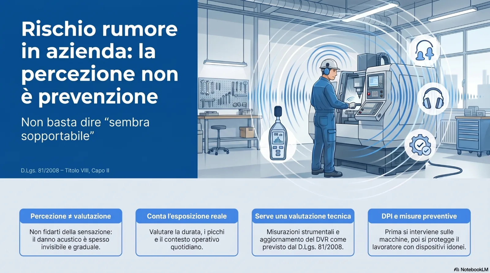 prevenzione_rischio_rumore_in_azienda rischio rumore: infografica sulla prevenzione come investimento aziendale, con analisi dei costi visibili e nascosti della sicurezza sul lavoro, benefici organizzativi e continuità operativa.