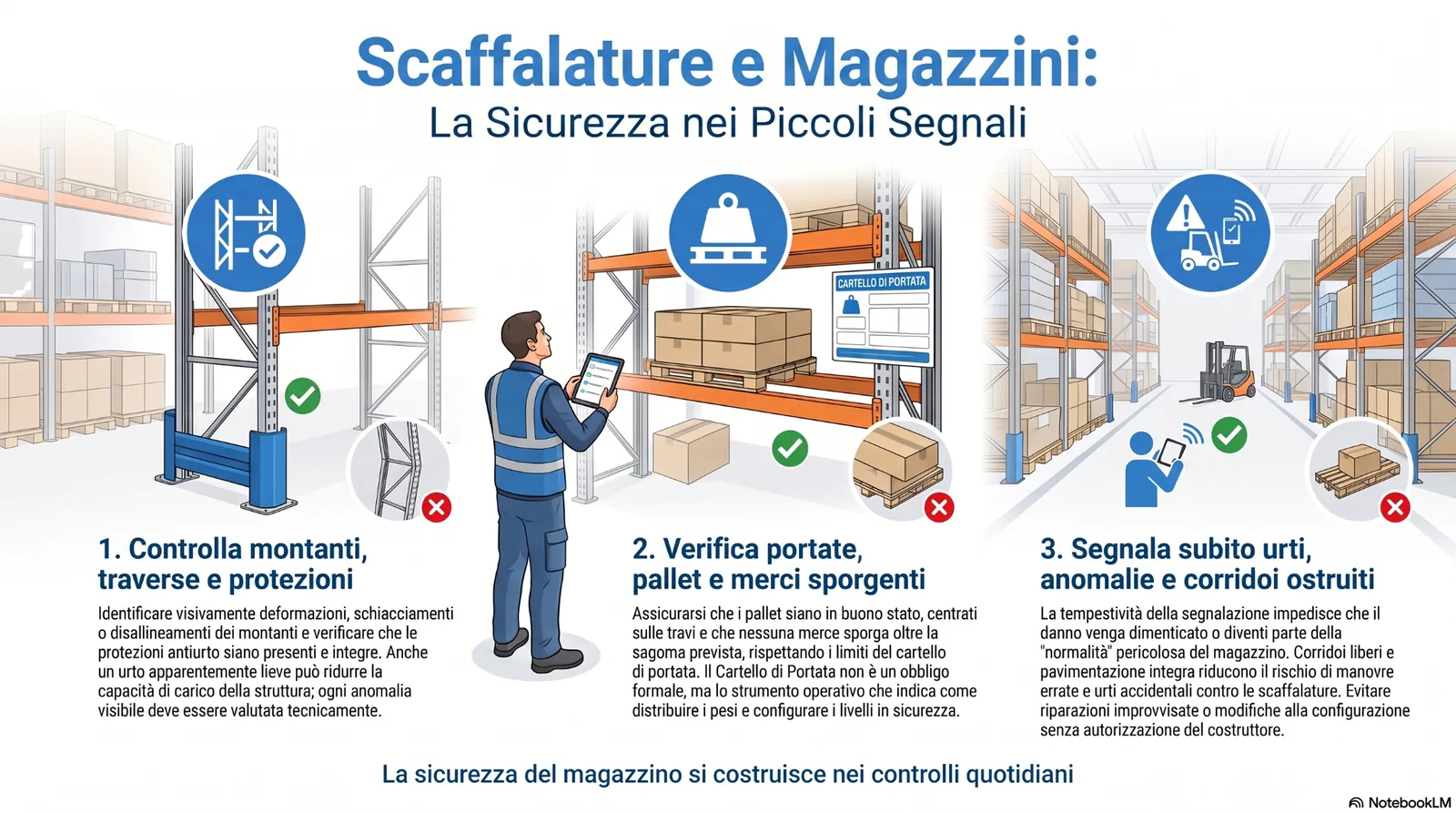 scaffalature_magazzino_controlli_sicurezza Infografica sulla sicurezza di scaffalature e magazzini, con controlli su montanti, traverse, protezioni antiurto, portate, pallet, merci sporgenti, urti, anomalie e corridoi ostruiti.