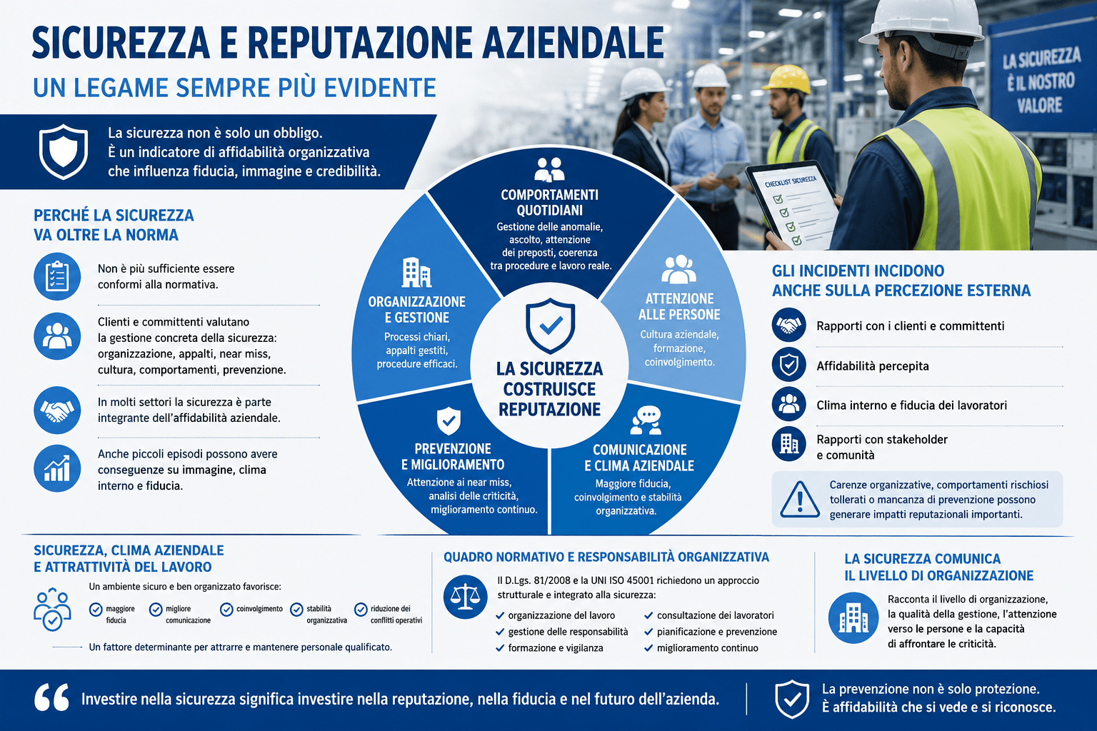 sicurezza-reputazione-aziendale Infografica sulla relazione tra sicurezza sul lavoro, reputazione aziendale e cultura della prevenzione in contesto industriale moderno