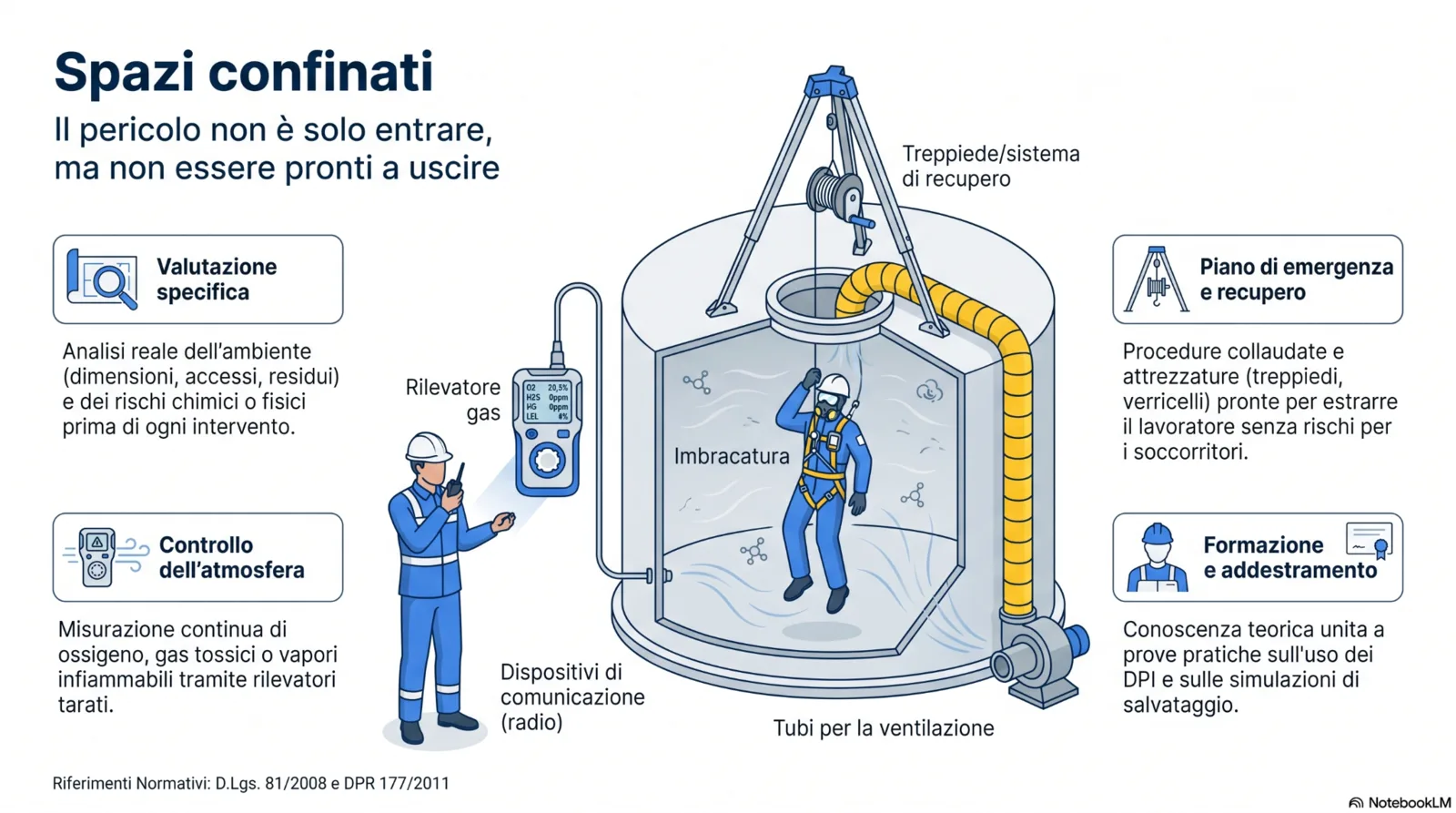 spazi_confinati_emergenza_recupero Infografica sulla sicurezza negli spazi confinati, con valutazione specifica, controllo dell’atmosfera, rilevatore gas, ventilazione, imbracatura, treppiede di recupero, piano di emergenza e formazione degli operatori.