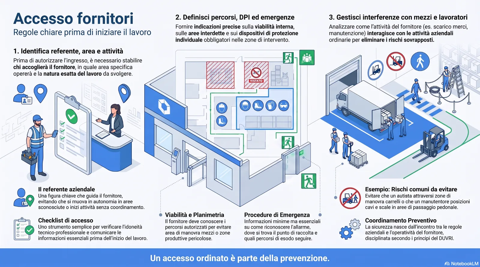 accesso_fornitori_regole_sicurezza Infografica sull’accesso dei fornitori in azienda, con focus su referente aziendale, checklist di accesso, viabilità interna, DPI, procedure di emergenza e gestione delle interferenze.