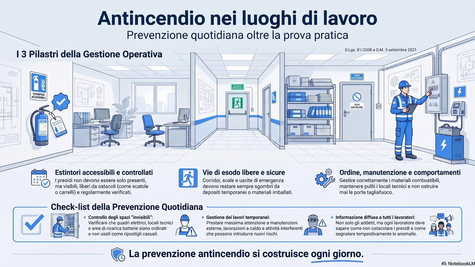 Antincendio nei luoghi di lavoro: cosa fare ogni giorno per tenere libere le vie di esodo, controllare estintori e ridurre i rischi.