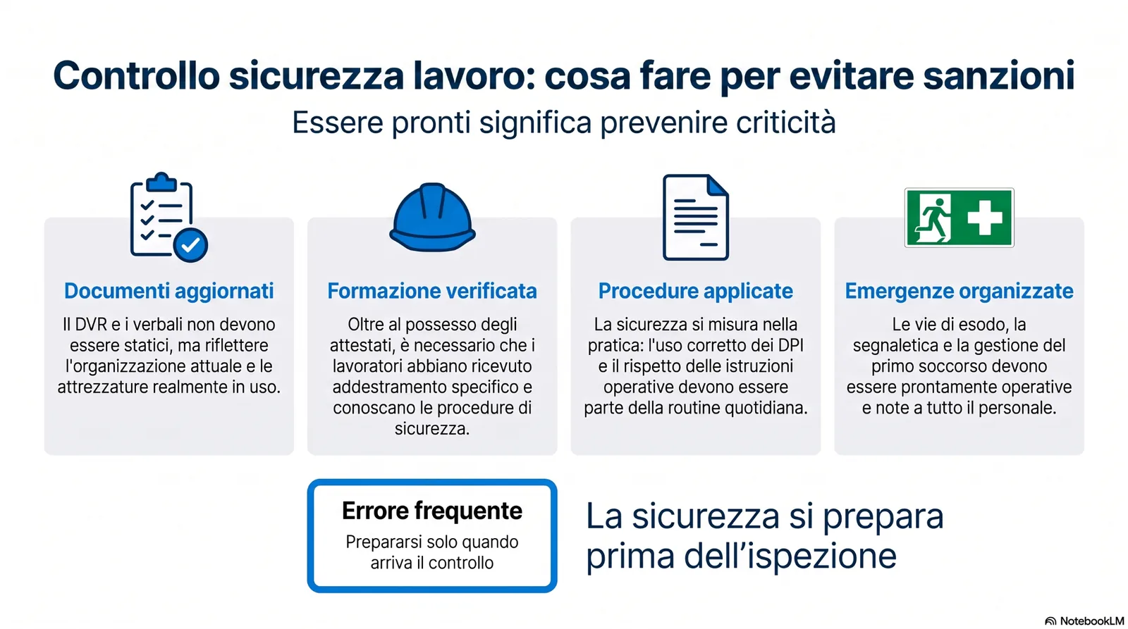 controllo_sicurezza_lavoro_evitare_sanzioni Infografica sul controllo della sicurezza sul lavoro, con focus su documenti aggiornati, formazione verificata, procedure applicate, emergenze organizzate e prevenzione delle criticità prima dell’ispezione.