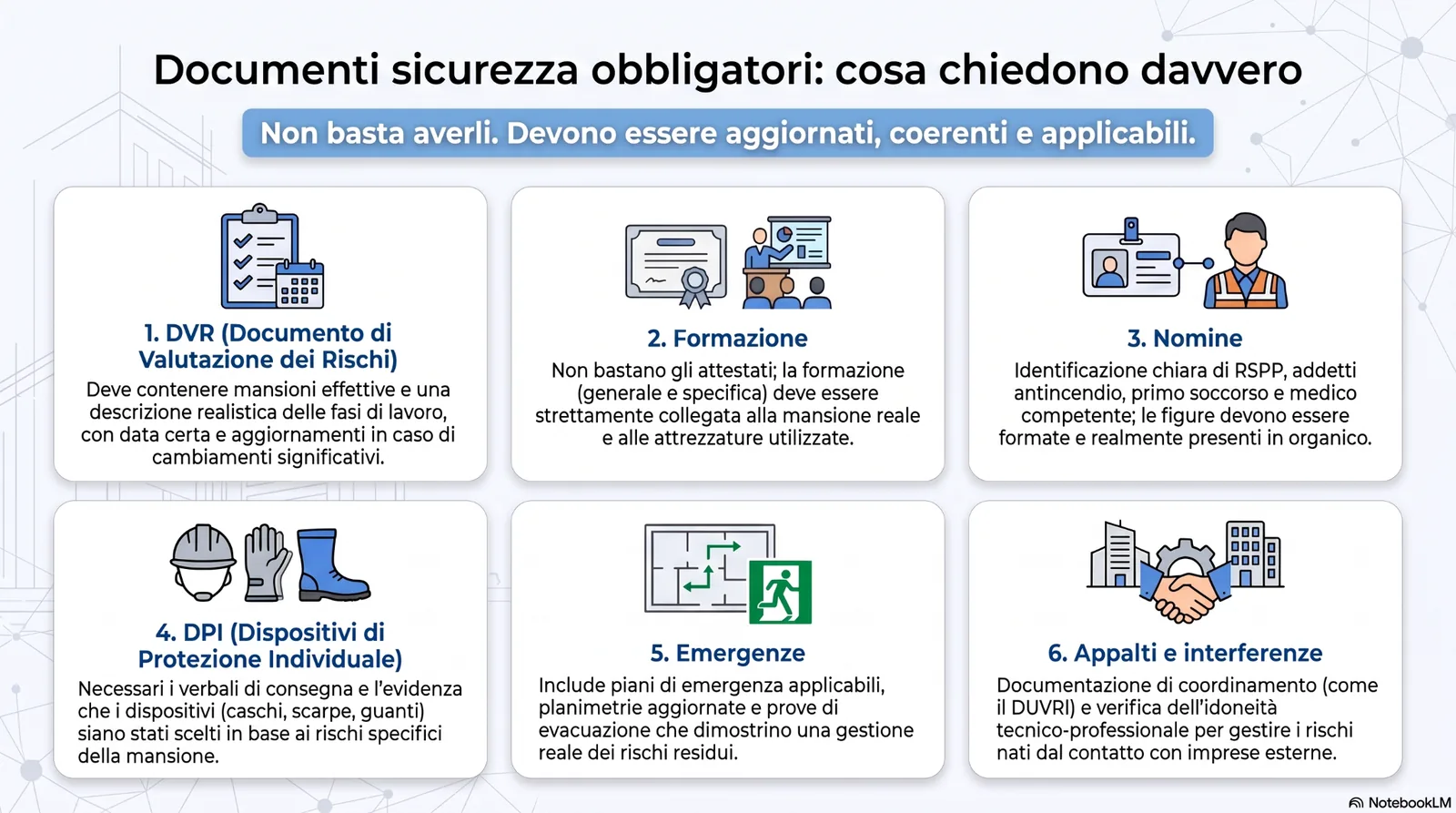 documenti_sicurezza_obbligatori Infografica sui documenti obbligatori per la sicurezza sul lavoro, con focus su DVR, formazione, nomine, DPI, emergenze, appalti e interferenze.