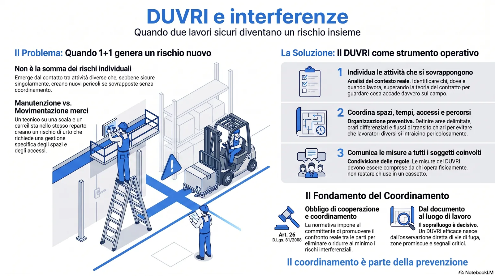 duvri_gestione_interferenze Infografica su DUVRI e gestione delle interferenze, con focus su sovrapposizione delle attività, coordinamento tra imprese, accessi, percorsi, comunicazione delle misure e prevenzione dei rischi interferenziali.