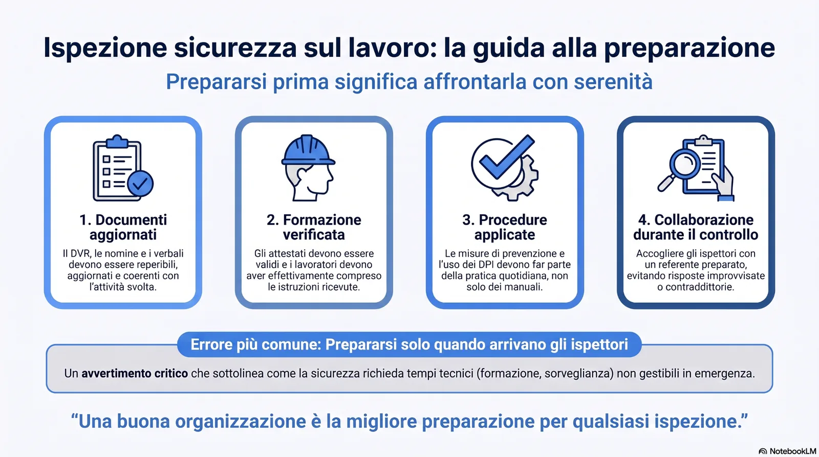 ispezione_sicurezza_lavoro_guida_preparazione Infografica sulla preparazione all’ispezione di sicurezza sul lavoro, con focus su documenti aggiornati, formazione verificata, procedure applicate e collaborazione durante il controllo.