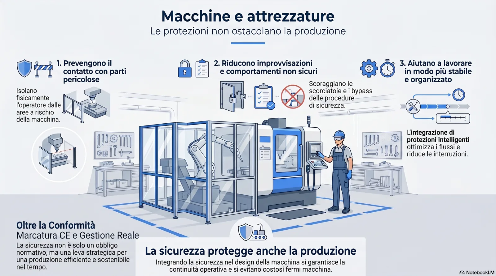 macchine_attrezzature_protezioni_produzione Infografica su macchine e attrezzature di lavoro, con protezioni di sicurezza, ripari, procedure operative e messaggio sulla prevenzione come supporto alla produzione efficiente.