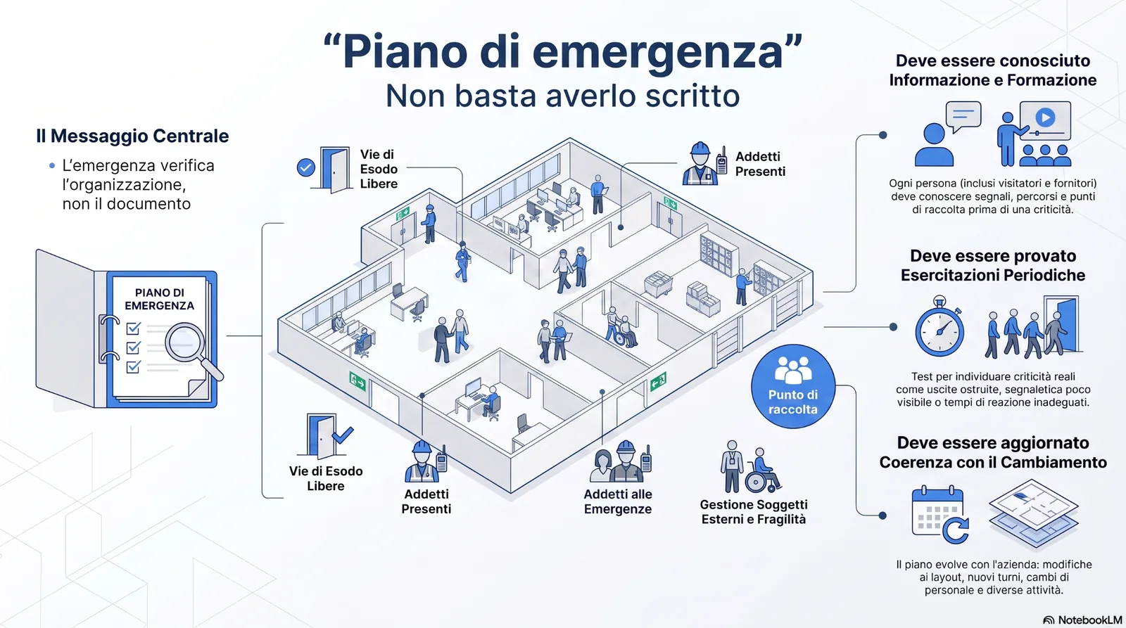 piano_emergenza Infografica sul piano di emergenza aziendale, con focus su vie di esodo libere, addetti presenti, punto di raccolta, formazione, esercitazioni periodiche e aggiornamento del piano.