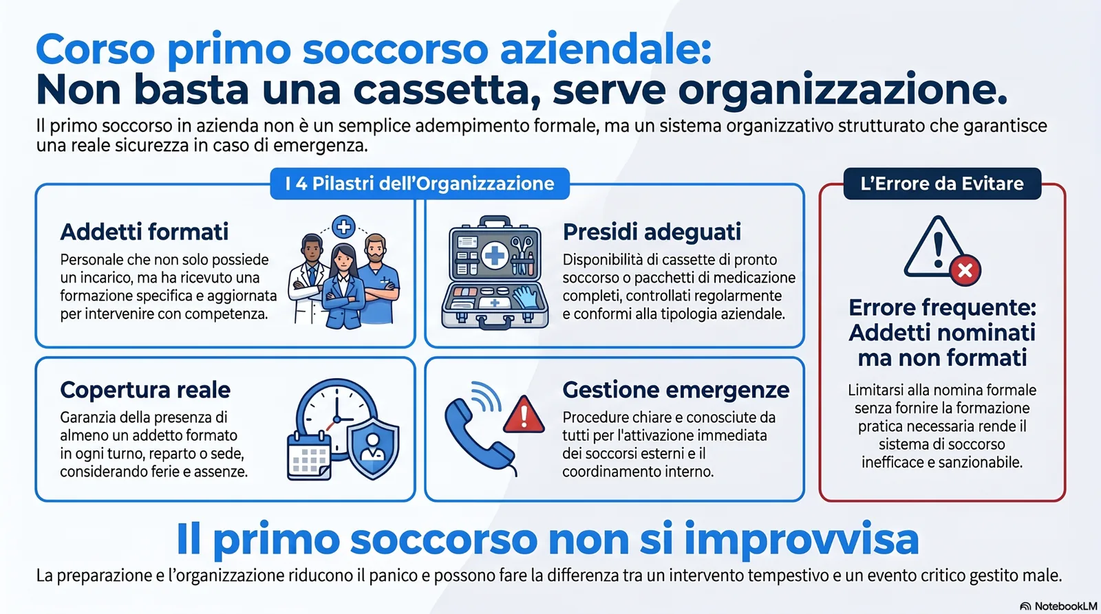 Infografica sul corso di primo soccorso aziendale e sull’organizzazione delle emergenze, con focus su addetti formati, presidi adeguati, copertura reale dei turni e gestione dei soccorsi.