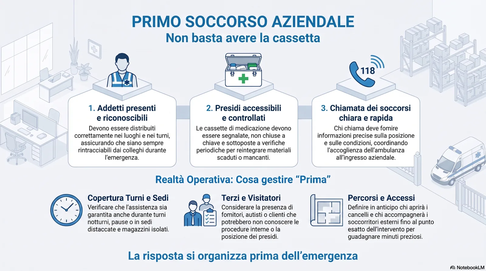 Infografica sul primo soccorso aziendale, con focus su addetti presenti, presidi accessibili e controllati, chiamata dei soccorsi, copertura dei turni, terzi, visitatori, percorsi e accessi.