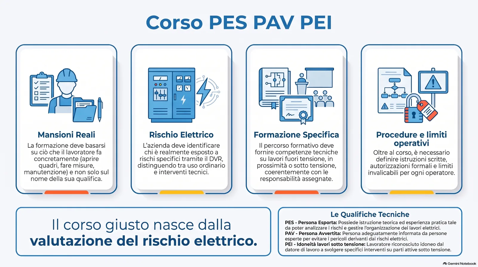 corso_pes_pav_pei_rischio_elettrico Infografica sul corso PES PAV PEI, con focus su mansioni reali, rischio elettrico, formazione specifica, procedure operative, limiti di intervento e qualifiche tecniche per lavori elettrici.