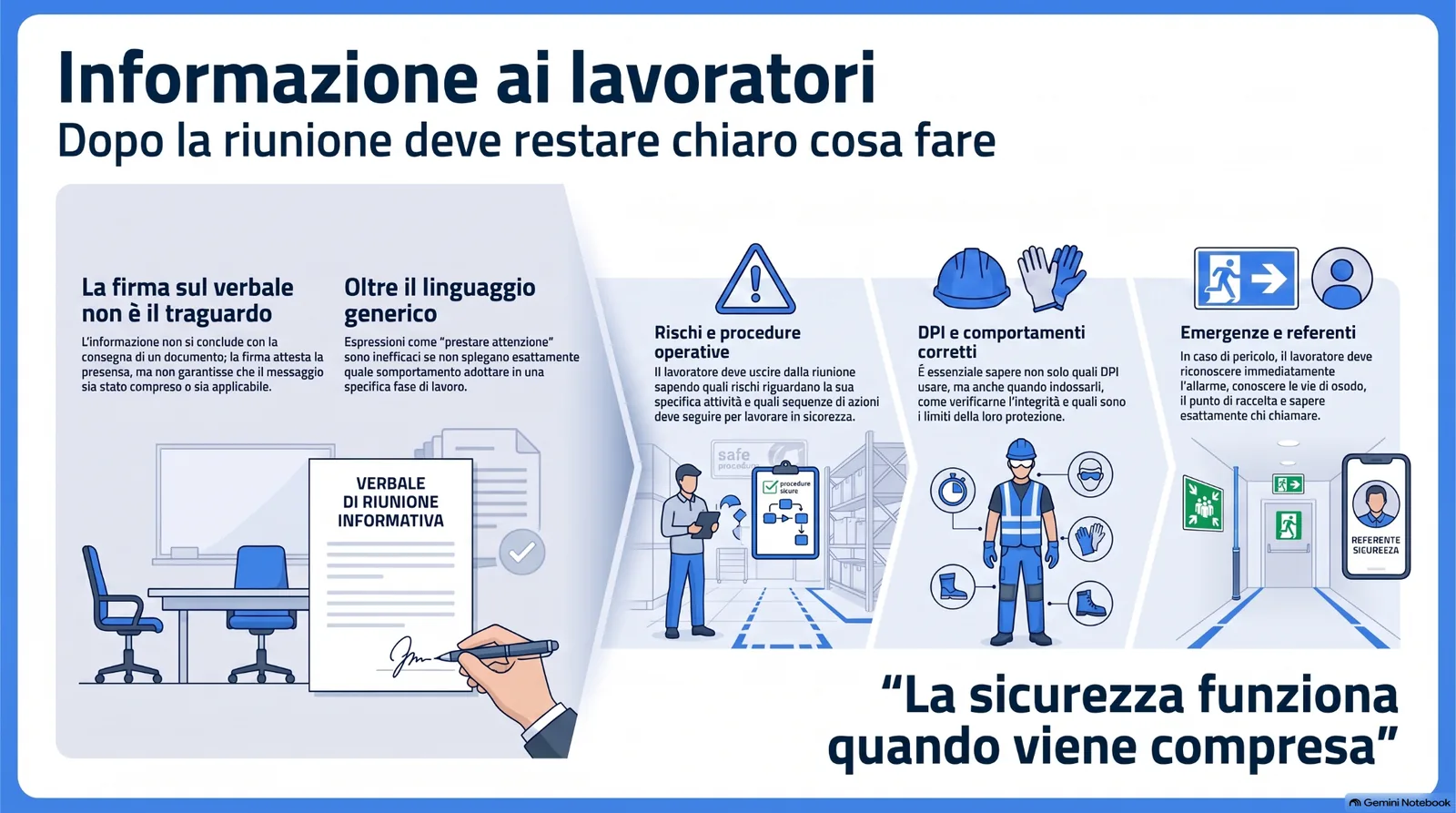 informazione_sicurezza_lavoratori Infografica sull’informazione ai lavoratori in materia di sicurezza, con focus su verbale informativo, rischi e procedure operative, DPI, comportamenti corretti, emergenze e referenti.