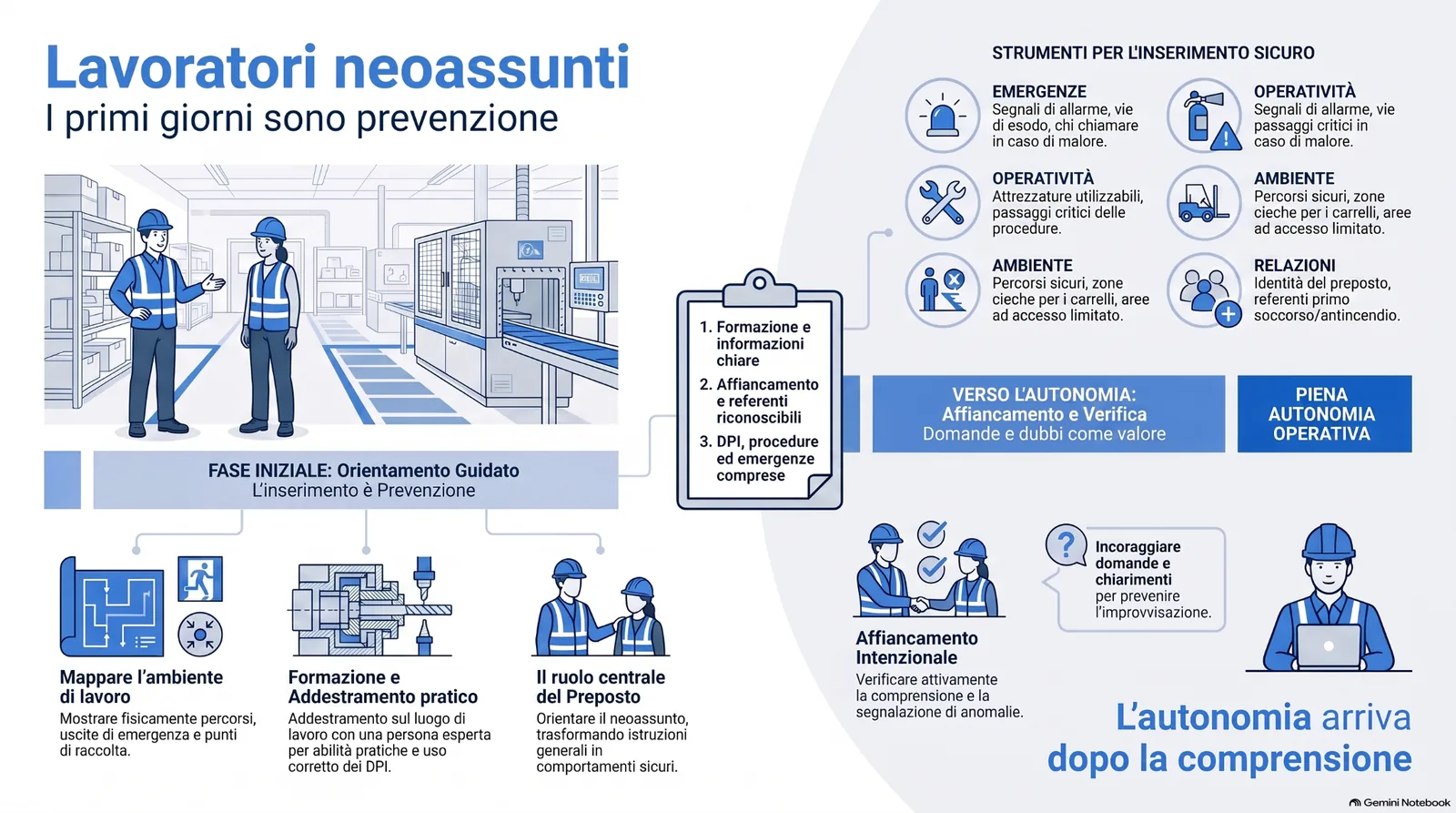 Infografica sulla sicurezza dei lavoratori neoassunti, con focus su formazione iniziale, affiancamento, ruolo del preposto, DPI, procedure di emergenza, percorsi sicuri e autonomia operativa.