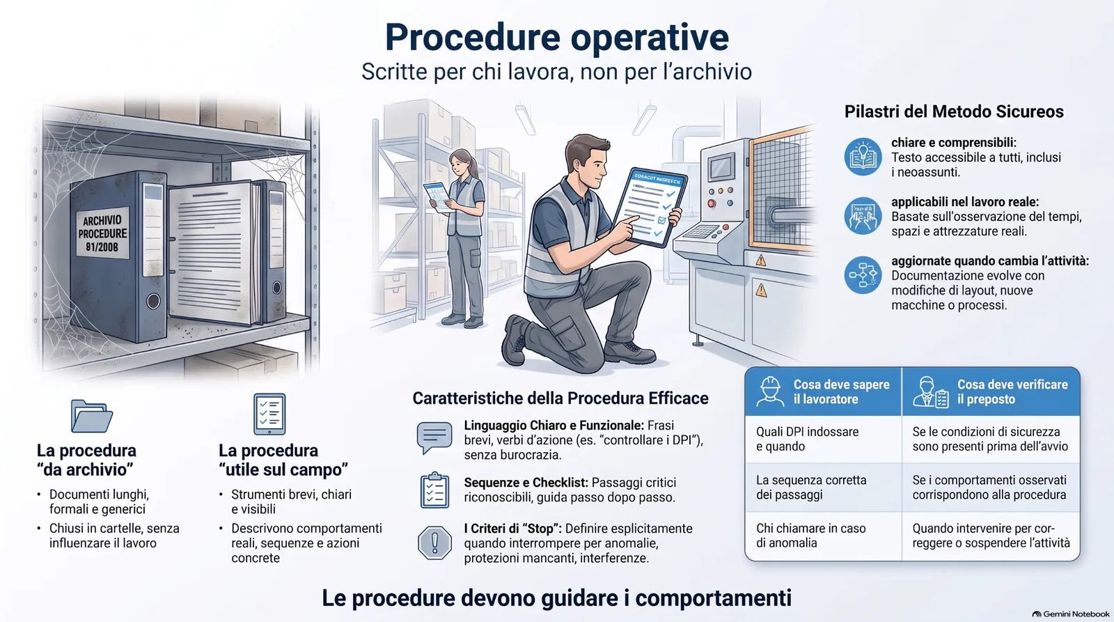 Infografica sulle procedure operative efficaci, con confronto tra procedure da archivio e procedure utili sul campo, focus su chiarezza, applicabilità, aggiornamento, checklist, criteri di stop e ruolo del preposto.