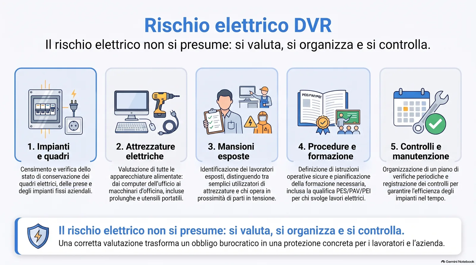 Infografica sul rischio elettrico nel DVR, con focus su impianti, quadri elettrici, attrezzature, mansioni esposte, procedure, formazione, controlli e manutenzione.