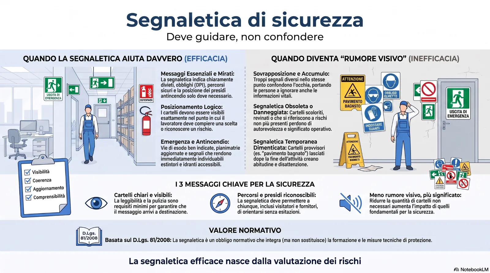 Infografica sulla segnaletica di sicurezza nei luoghi di lavoro, con confronto tra cartelli efficaci e rumore visivo, focus su visibilità, coerenza, aggiornamento e valutazione dei rischi.