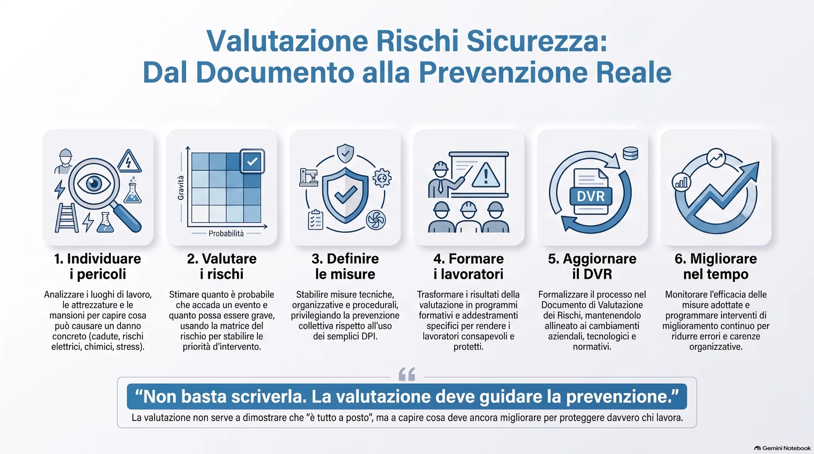 valutazione_rischi_sicurezza_prevenzione_reale Infografica sulla valutazione dei rischi per la sicurezza sul lavoro, con focus su individuazione dei pericoli, stima dei rischi, misure di prevenzione, formazione, aggiornamento del DVR e miglioramento continuo.