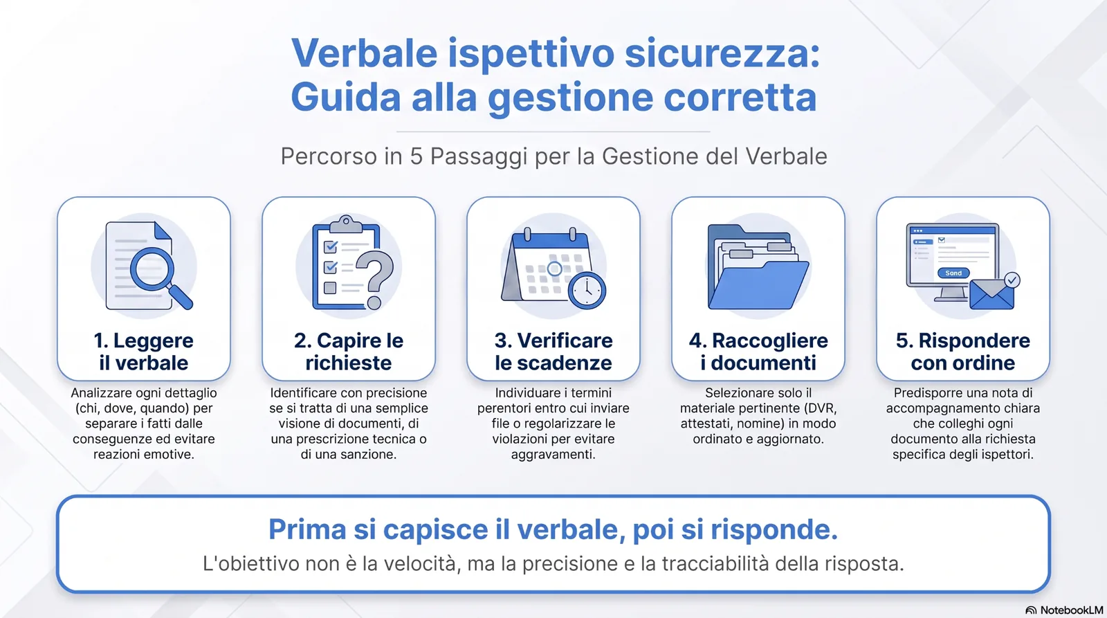 verbale_ispettivo_sicurezza_gestione_corretta Infografica sulla gestione corretta del verbale ispettivo in materia di sicurezza sul lavoro, con focus su lettura del verbale, richieste, scadenze, raccolta documenti e risposta ordinata.