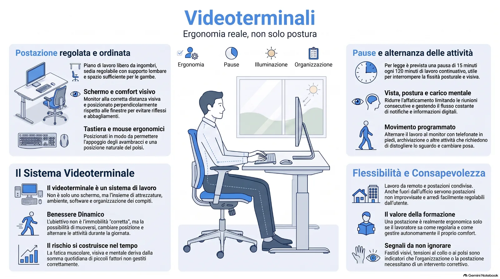 videoterminali_ergonomia Infografica sull’ergonomia dei videoterminali, con focus su postazione regolata, comfort visivo, pause, alternanza delle attività, organizzazione del lavoro e benessere dinamico.