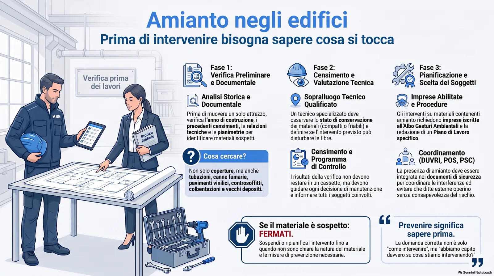 amianto_edifici_verifica_preliminare Infografica sulla gestione dell’amianto negli edifici, con focus su verifica preliminare, analisi documentale, censimento tecnico, sopralluogo qualificato, imprese abilitate, procedure e coordinamento della sicurezza.