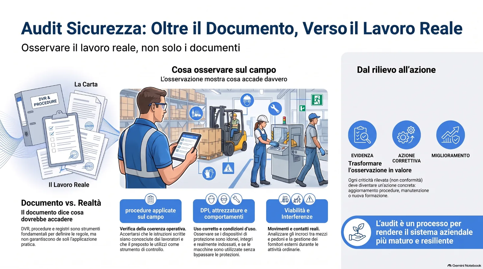 audit_sicurezza_lavoro_reale Infografica sull’audit di sicurezza sul lavoro, con focus su osservazione del lavoro reale, procedure applicate sul campo, DPI, attrezzature, comportamenti, viabilità, interferenze e azioni correttive.